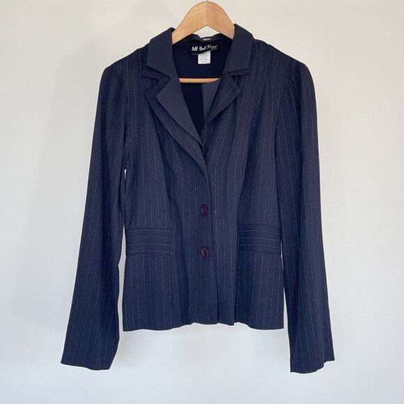 Vtg 90s Blue Pin Striped Fitted Blazer Jacket ALL THAT JAZZ Office Siren Sz 9/10 - Picture 1 of 8